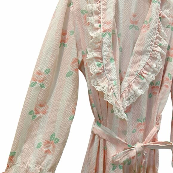 Ashley Ames VTG Waffle Belted Floral Striped Light Robe Lace Trim Pink Sz L - Picture 3 of 5